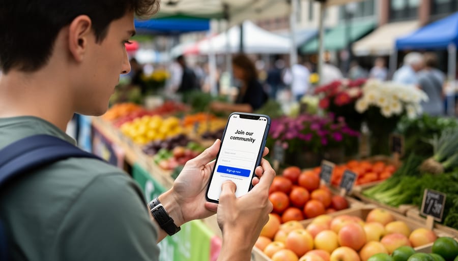Person holding smartphone displaying mobile-friendly CSA farm website at farmers market