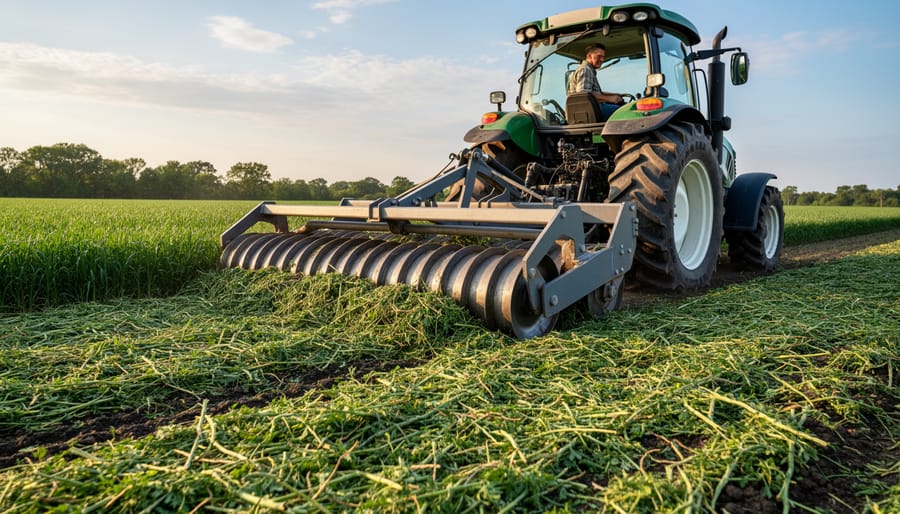 Farmer using roller-crimper equipment to terminate cover crops in no-till system