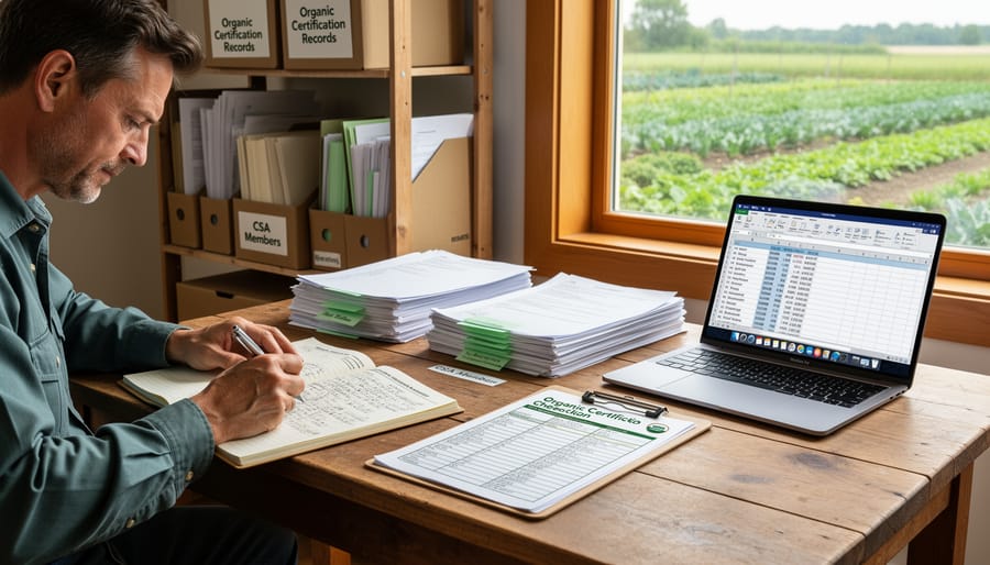 Overhead view of farmer documenting harvest records with fresh vegetables in crates