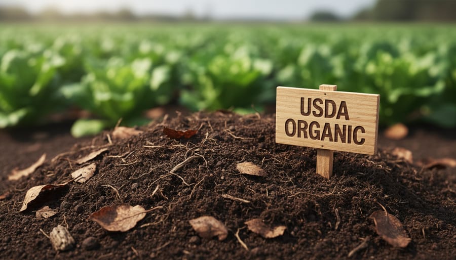 Farmer's hands holding dark organic soil with visible earthworms and organic matter
