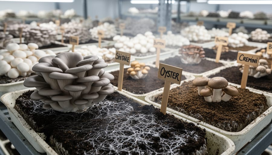 Oyster mushrooms fruiting from dark compost substrate showing healthy growth