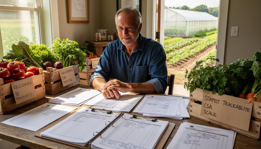 Farmer writing harvest records in notebook beside basket of fresh vegetables