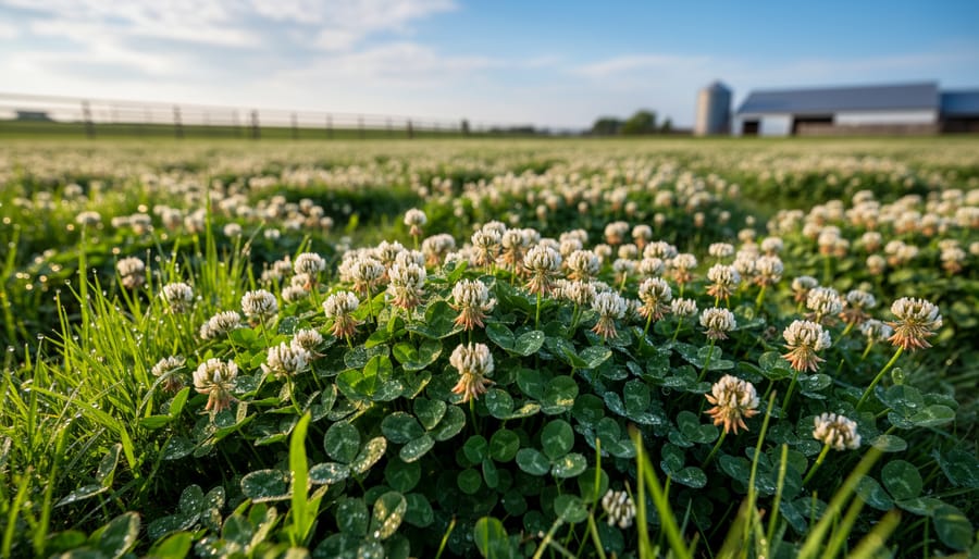 Close-up of clover flowers growing among pasture grasses in sunlight