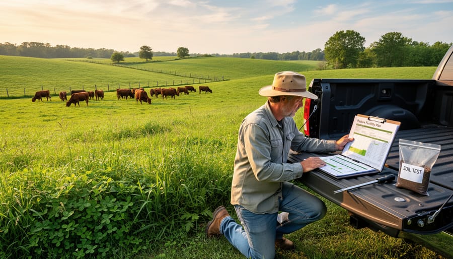 Farmer with clipboard examining pasture grass growth and taking notes