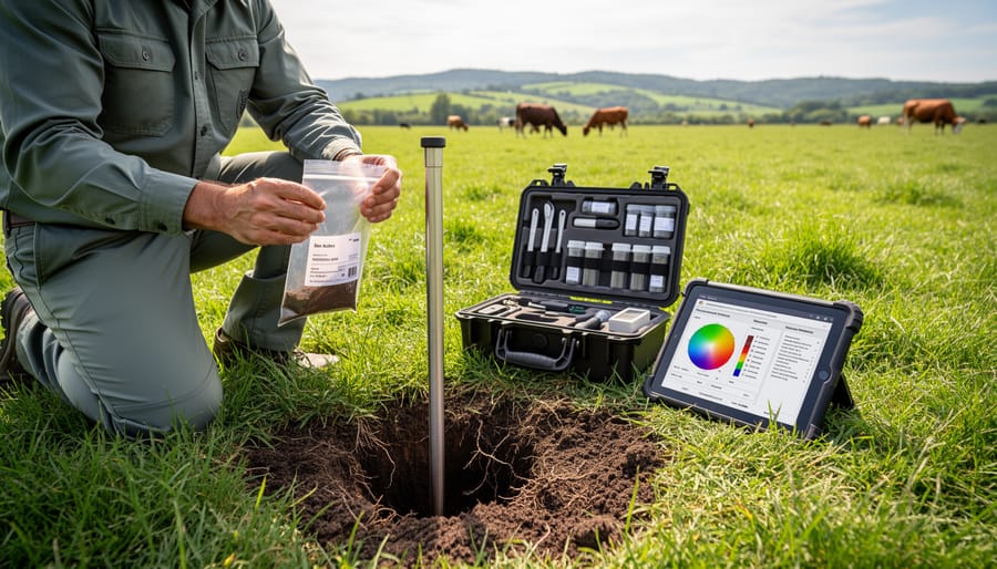 Farmer's hands holding dark soil sample above green pasture with cattle grazing in background