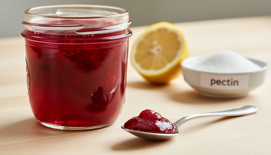 Mason jar of perfectly set strawberry jam with wooden spoon showing gel consistency