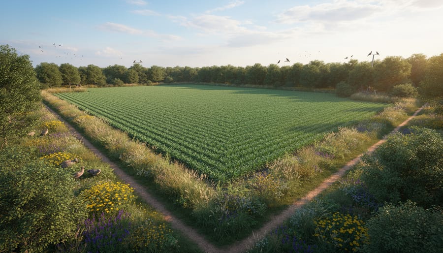Farmer planting native wildflowers along field edge to create habitat corridor