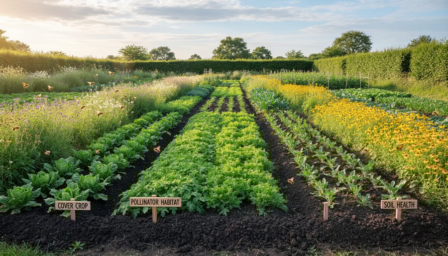 Diverse CSA farm field showing cover crops, vegetable rows, and pollinator-friendly flower borders