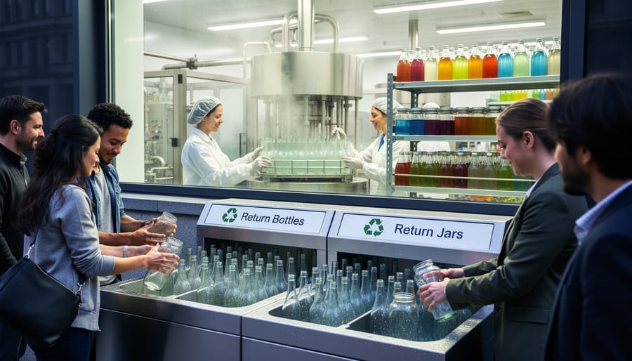 Collection of clean reusable glass containers and jars arranged for return program