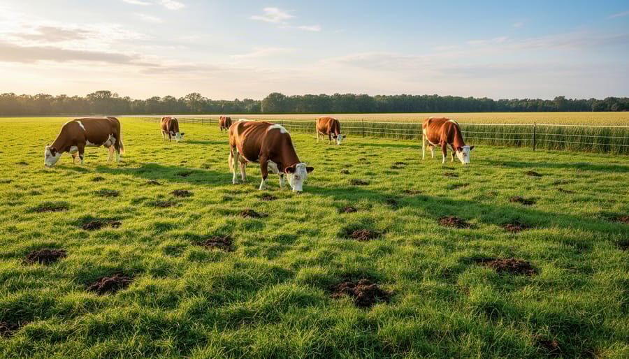 Cattle and sheep grazing on green pasture with rotational paddock divisions visible