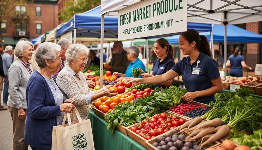 Senior woman with shopping bag of fresh vegetables talking with farmer at market stand