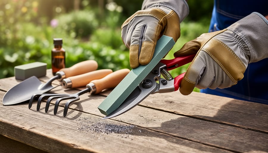 Gardener's hands sharpening pruning shears with whetstone