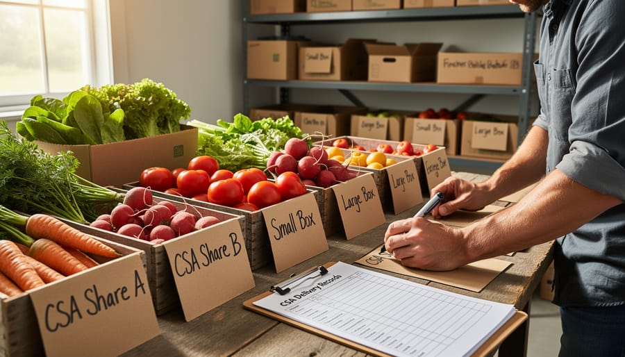 Farmer labeling vegetable harvest bin with date and batch information