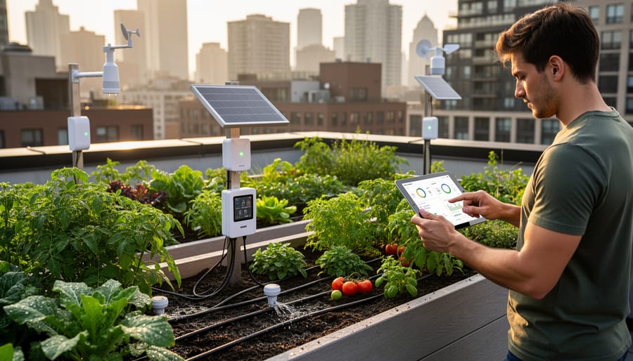 Aerial view of urban rooftop garden with raised beds and soil moisture sensors