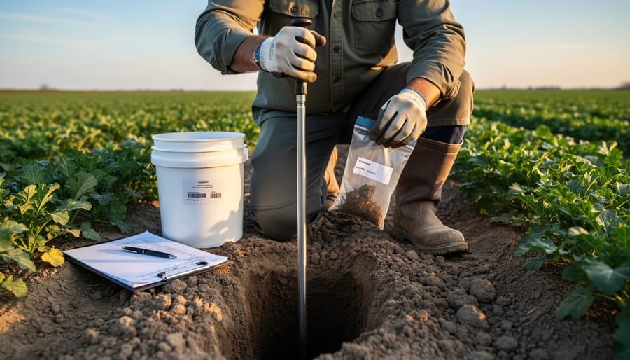 Soil probe being inserted into garden soil for sample collection