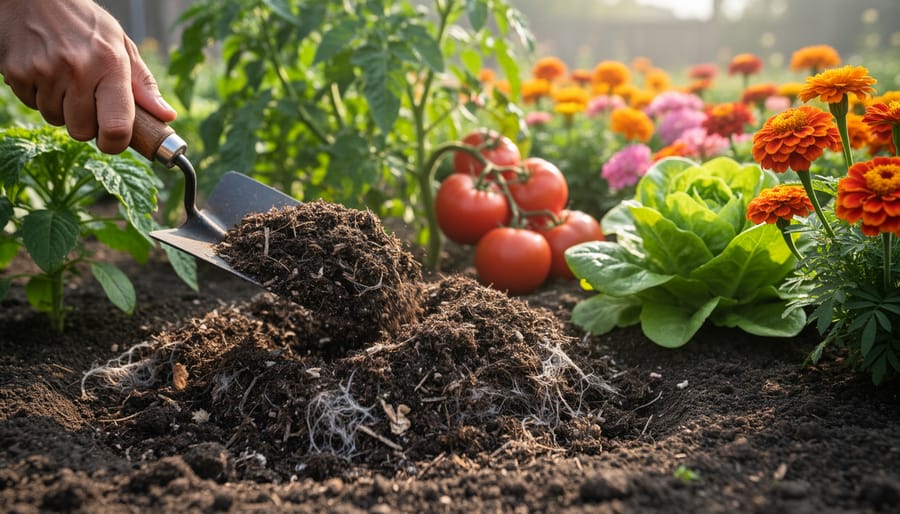 Hands incorporating spent mushroom compost into garden soil with visible organic matter