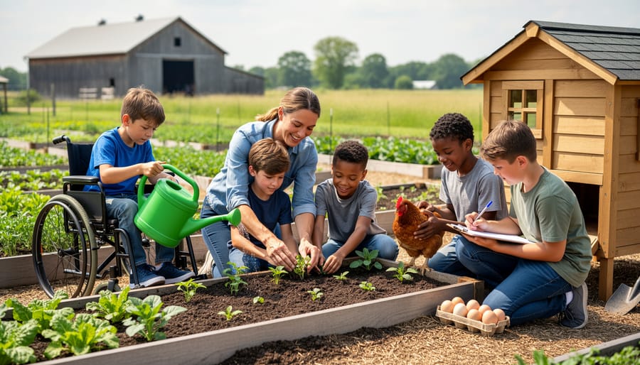 Children working together planting seedlings in community farm garden bed