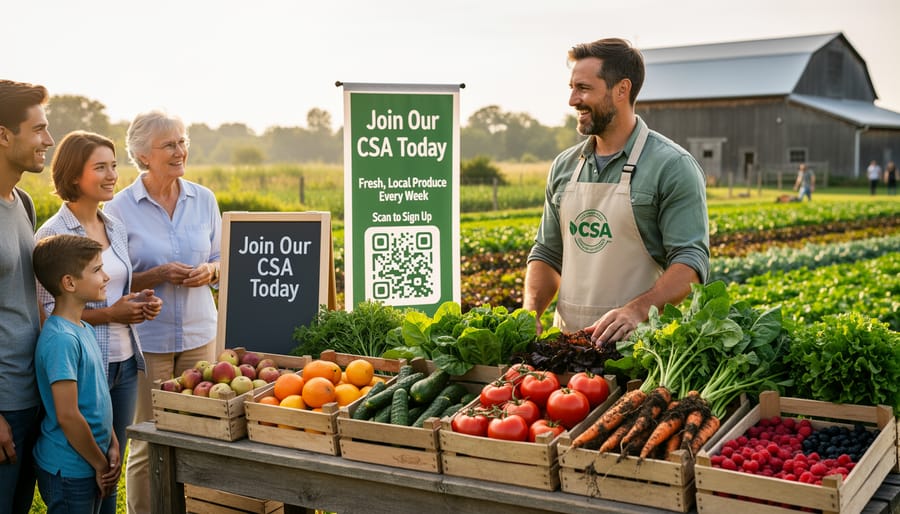 CSA farm owner working at computer with fresh harvest vegetables beside them