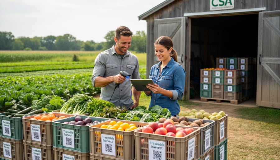 Smiling CSA farmer organizing fresh produce boxes at farm stand