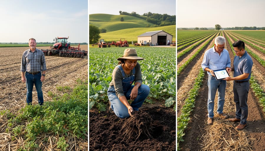 Farmer standing proudly in healthy no-till vegetable field with straw mulch
