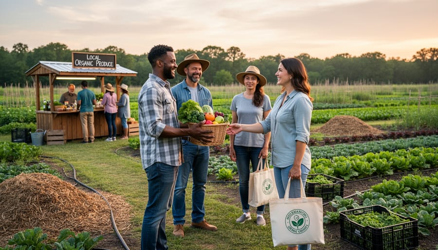 Farmer tending to organic lettuce plants in sustainable farm field