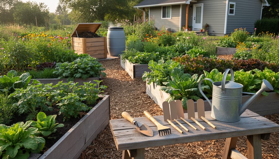 Woman gardener using bamboo-handled trowel to plant in organic vegetable garden