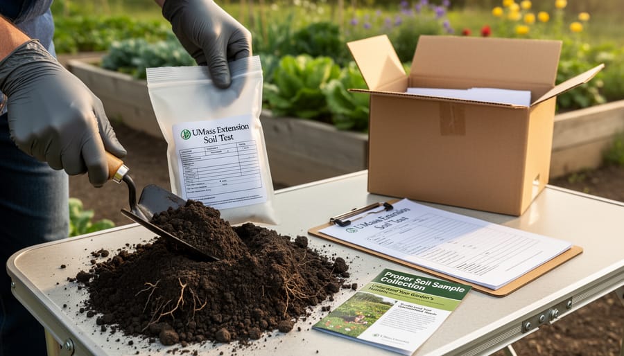 Farmer's hands holding soil sample bag with UMass Extension submission form