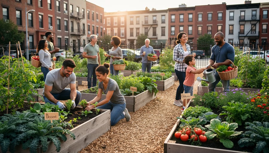 Aerial view of diverse community members working together in urban garden with raised beds and vegetables
