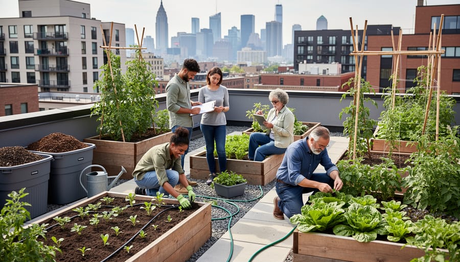 Group of urban gardeners working together and sharing harvest in city backyard garden