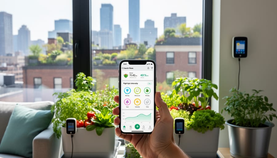 Person checking garden monitoring app on smartphone next to vertical hydroponic growing system