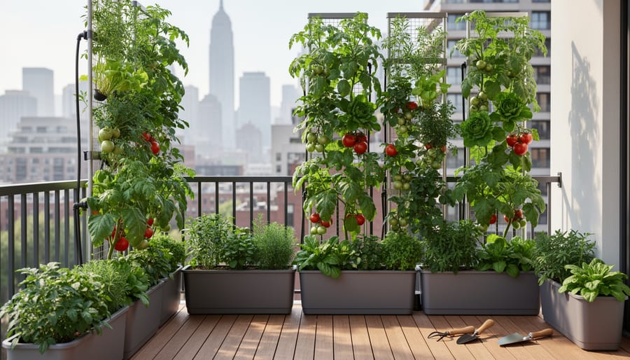 Vertical garden with climbing vegetables on trellis structure in compact urban space