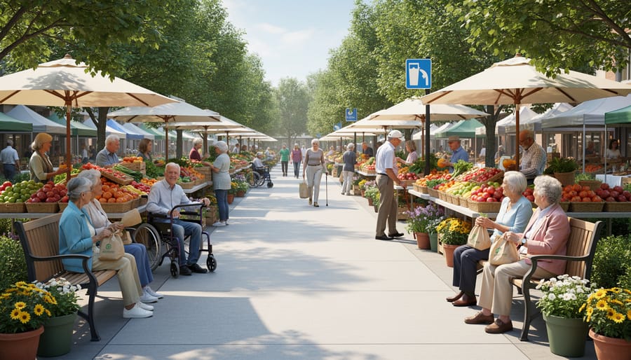 Elderly couple walking through accessible farmers market with wide pathways and seating areas