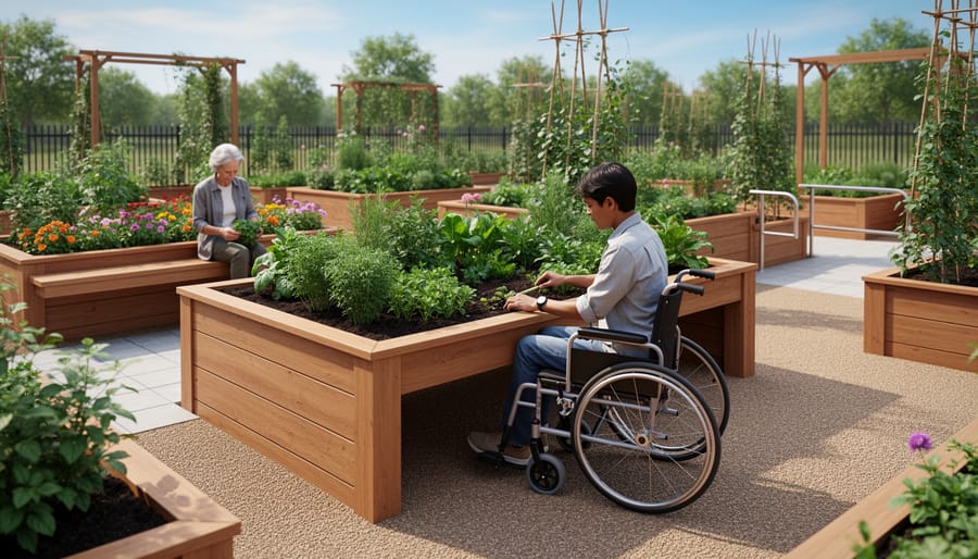 Person in wheelchair gardening at elevated raised bed filled with herbs and vegetables