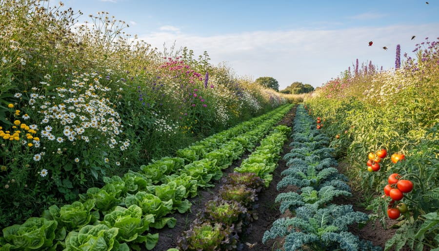 Colorful flowering hedgerow with native plants bordering vegetable garden rows