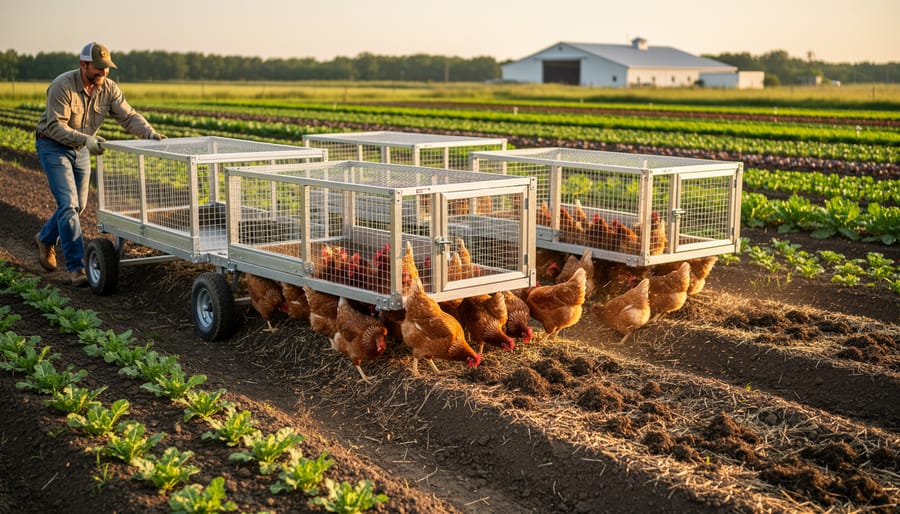 Mobile chicken tractor with foraging chickens on vegetable field at CSA farm
