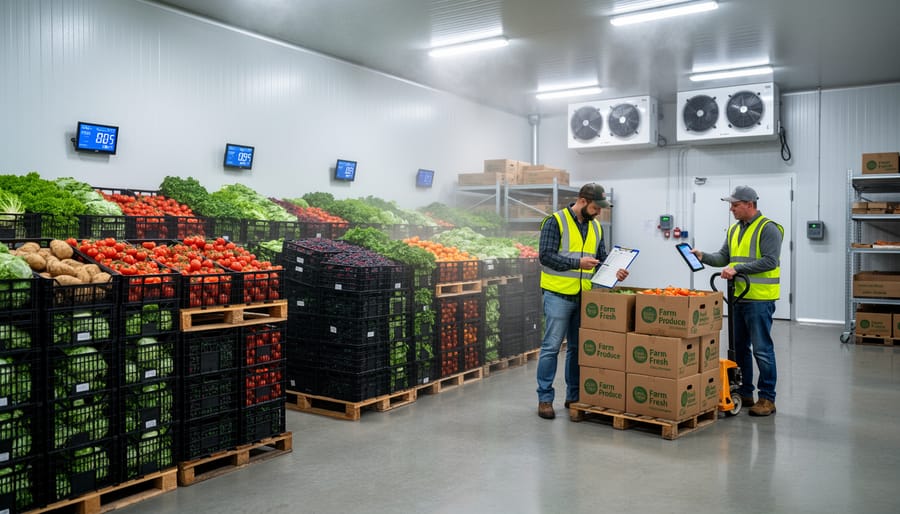 Interior of farm cold storage unit with organized produce crates