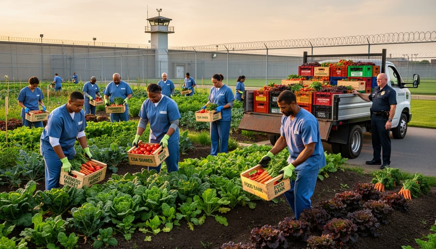Community members receiving fresh produce from prison agriculture program at farmers market