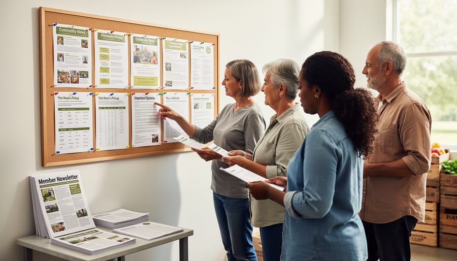 Farm bulletin board with printed newsletters at CSA pickup location