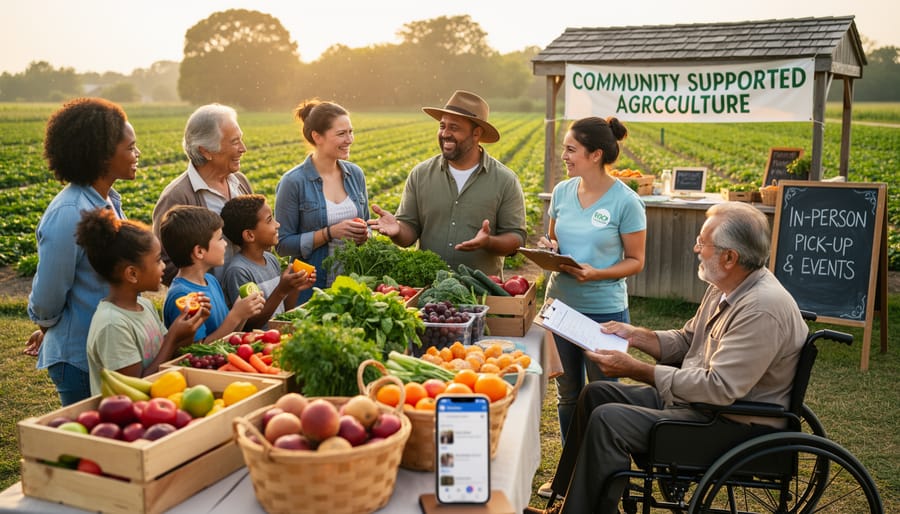 CSA members and farmers gathering together at outdoor farm event
