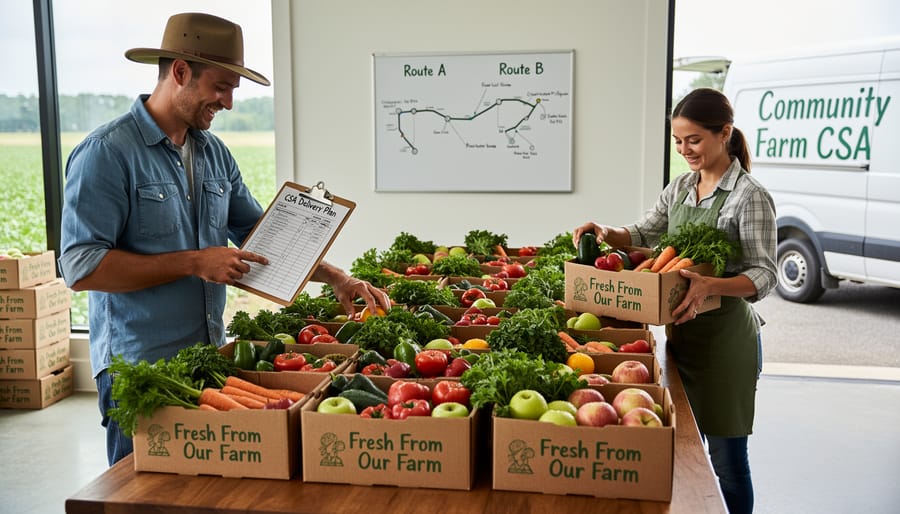 CSA farmer distributing fresh produce to members at farm pickup location
