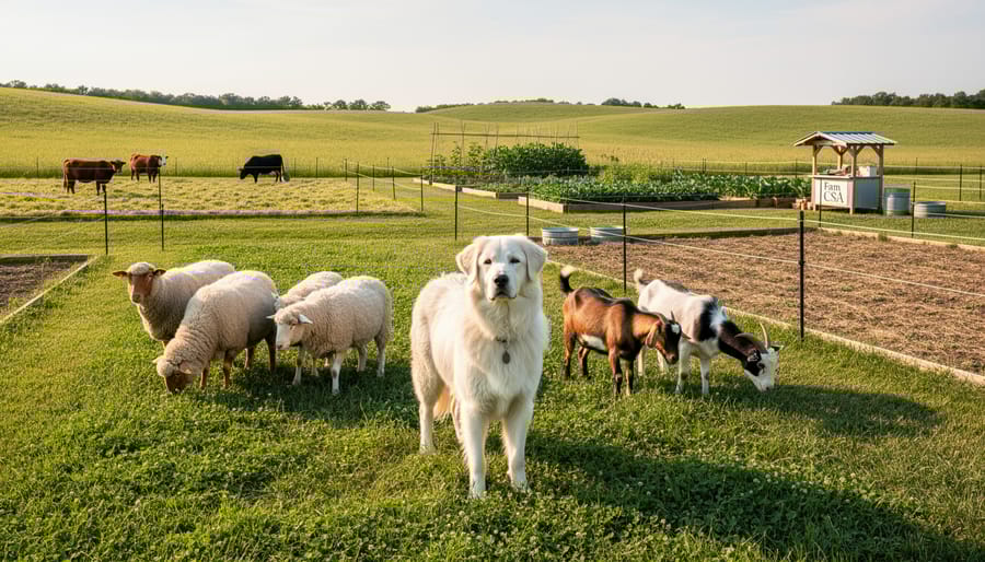 Overview of CSA farm with livestock and guardian animals in pasture-based system