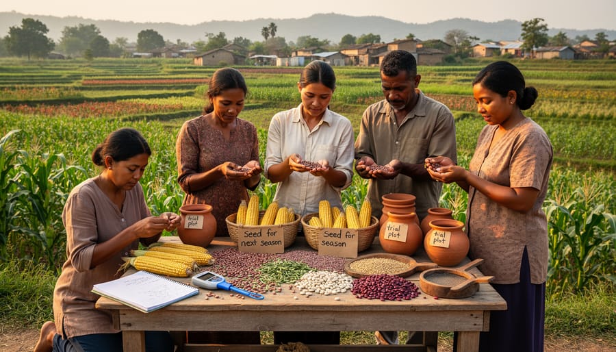 CSA farmer selecting seeds and examining plants in diverse vegetable garden