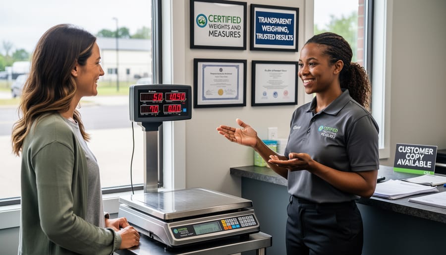 CSA farmer preparing vegetable share box with certified scale on work table