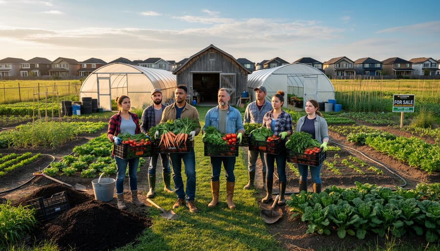Young farmer walking through rows of leafy greens on small organic farm at sunset