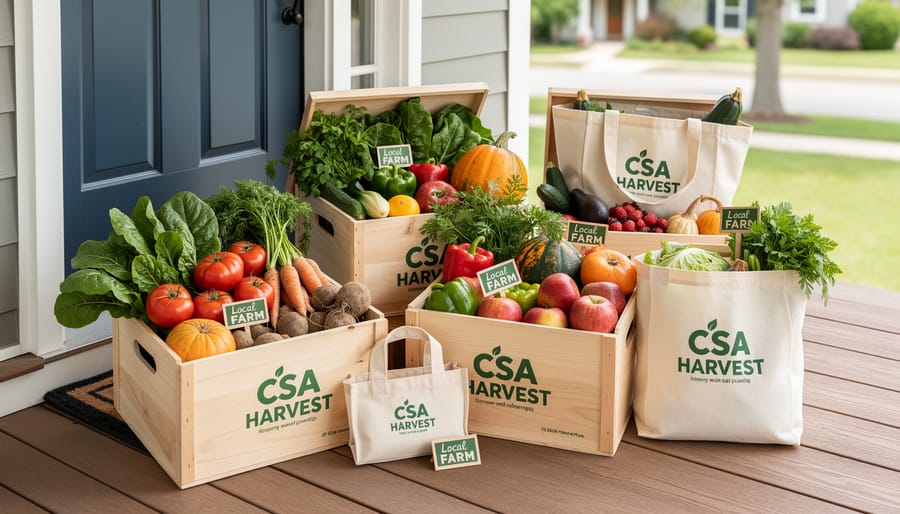Wooden basket filled with diverse fresh vegetables including greens, carrots, and tomatoes from local farm