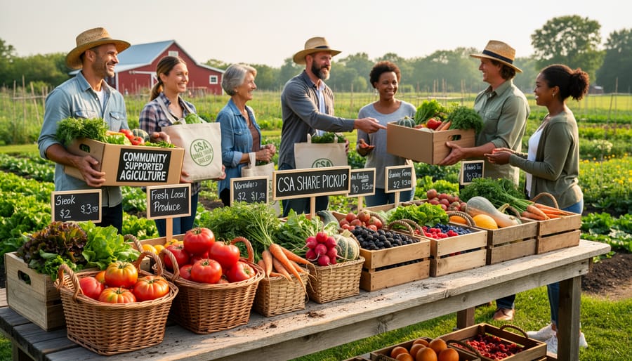 Wooden box filled with fresh vegetables on farm truck with agricultural fields in background