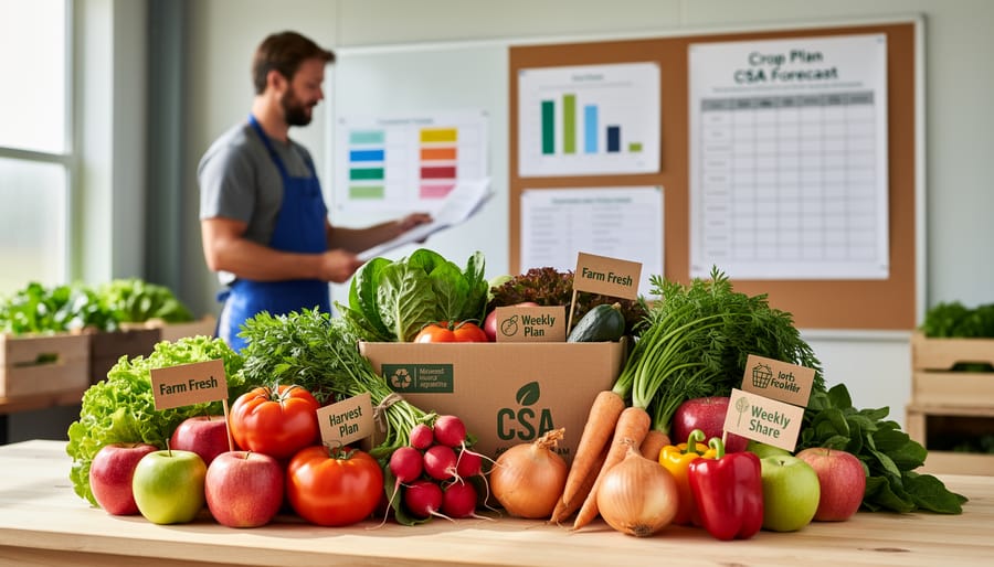 Overhead view of colorful fresh organic vegetables in wooden CSA harvest box