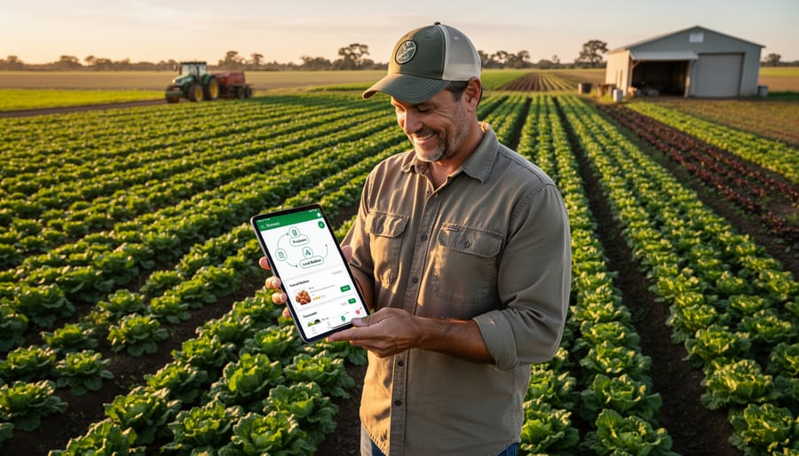 Farmer using smartphone farm directory app while working in crop field