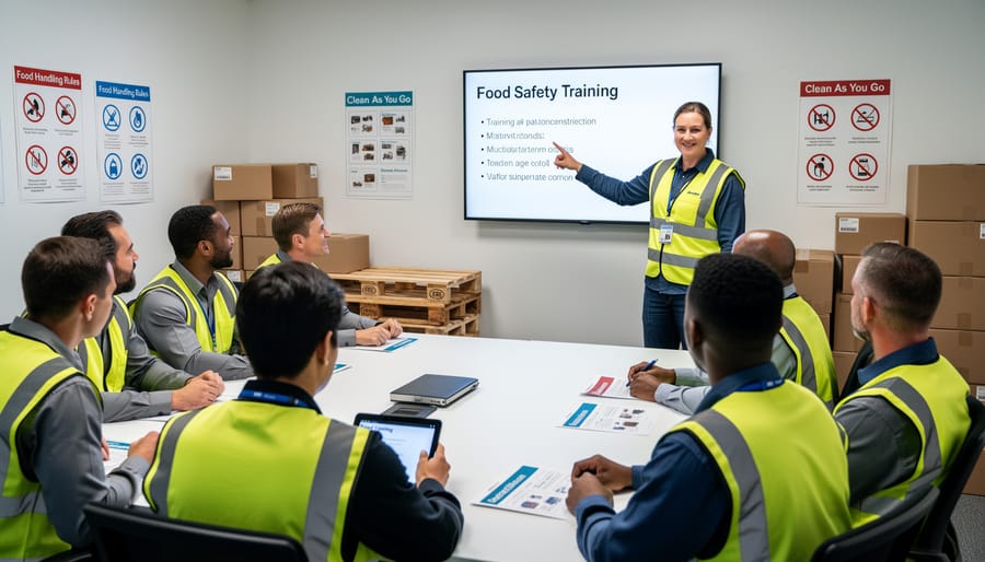 Distribution center workers participating in food safety training session