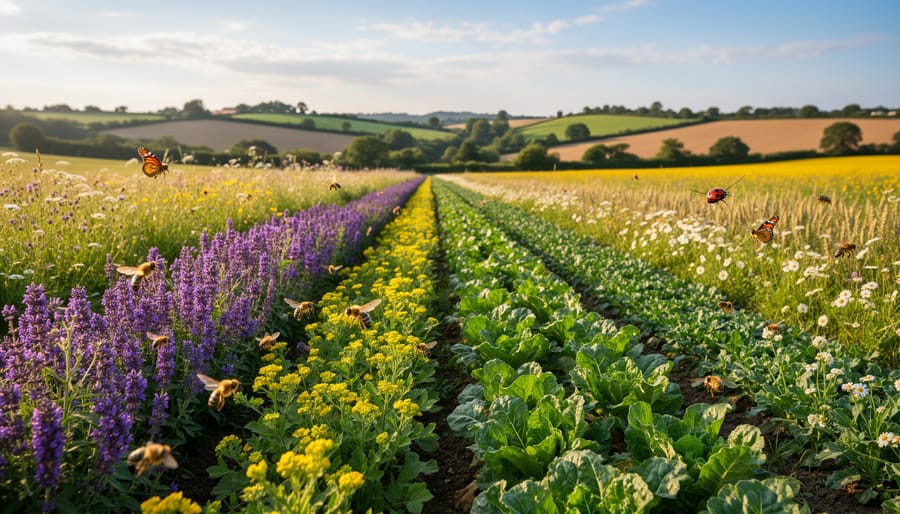 Diverse vegetable garden with native wildflower hedgerow creating wildlife habitat along field edge